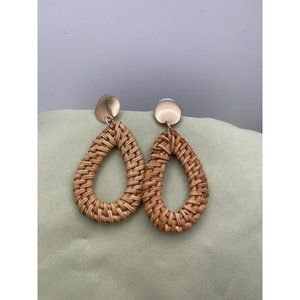 Gold Tone & Natural Wicker Tear Drop Earrings